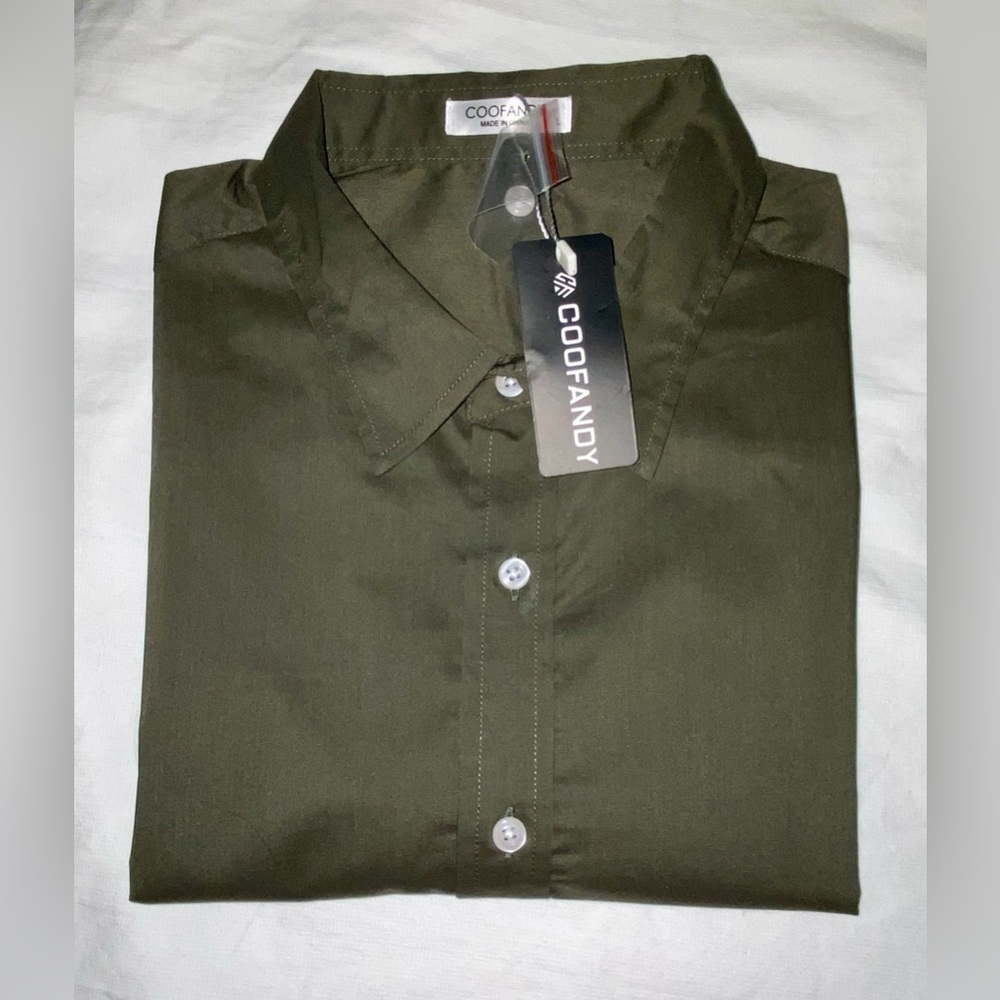 2/40$ Men’s COOFANDY kaki army green buttoned long sleeves shirt Sz Large